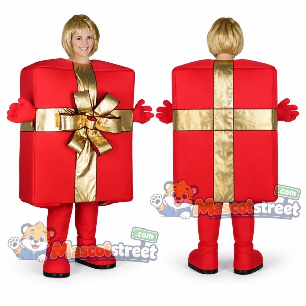 Red Gift Box Mascot Costume with Gold Ribbon
