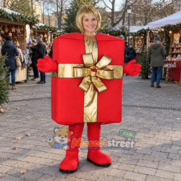 Red Gift Box Mascot Costume with Gold Ribbon